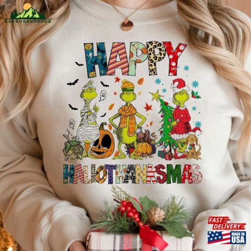 Vintage The Griinch Happy Hallothankmas Sweatshirt Halloween Thanksgiving Christmas Funny Griinchmas Shirt Unisex Hoodie