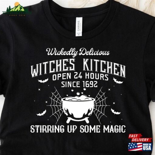 Wickedly Delicious Witches Kitchen Open 24 Hours Since 1692 Stirring Up Some Magic Shirt Funny Halloween Tee Hoodie Unisex