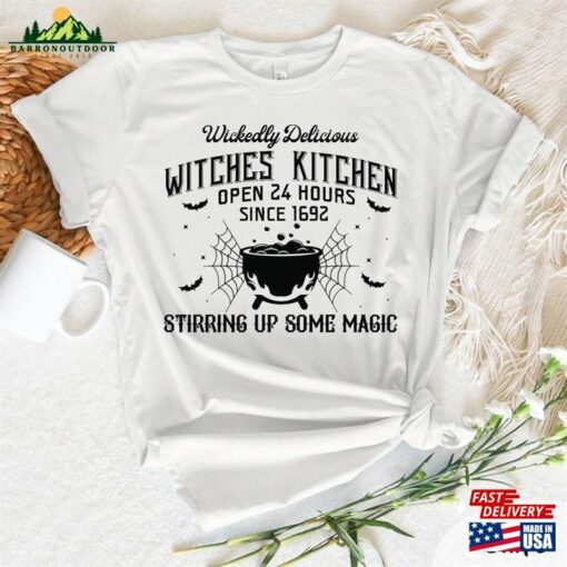 Wickedly Delicious Witches Kitchen Open 24 Hours Since 1692 Stirring Up Some Magic Shirt Funny Halloween Tee Hoodie Unisex