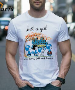 Just A Woman Who Loves Fall and UCLA Bruins Peanuts Cartoon T-shirt