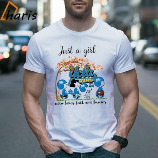 Just A Woman Who Loves Fall and UCLA Bruins Peanuts Cartoon T-shirt