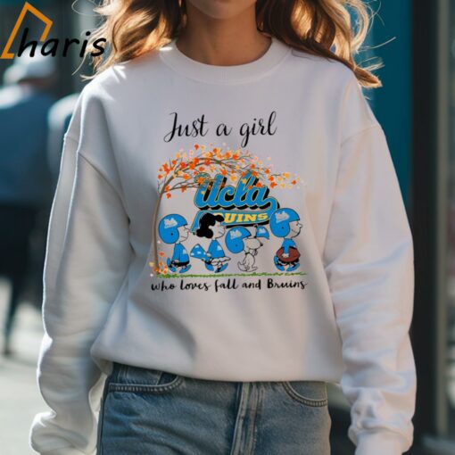 Just A Woman Who Loves Fall and UCLA Bruins Peanuts Cartoon T-shirt