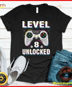 8th Birthday Boy Level 8 Unlocked Video Gamer 8 Years Old T-Shirt
