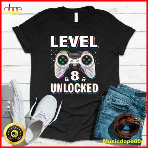 8th Birthday Boy Level 8 Unlocked Video Gamer 8 Years Old T-Shirt