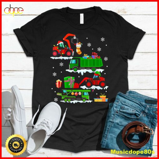 Construction Vehicle Christmas Red Trucks Winter Boys Kids T-Shirt