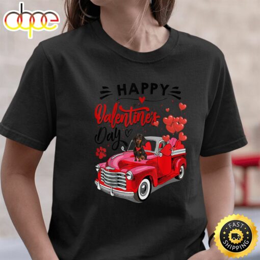 Cute Dachshund Dog Red Truck Happy Valentine’s Day Valentine T-Shirt