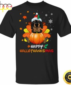 Dachshund Happy Hallothanksmas With Pumpkin T-Shirt Thanksgiving Gifts For Dachshund Lovers