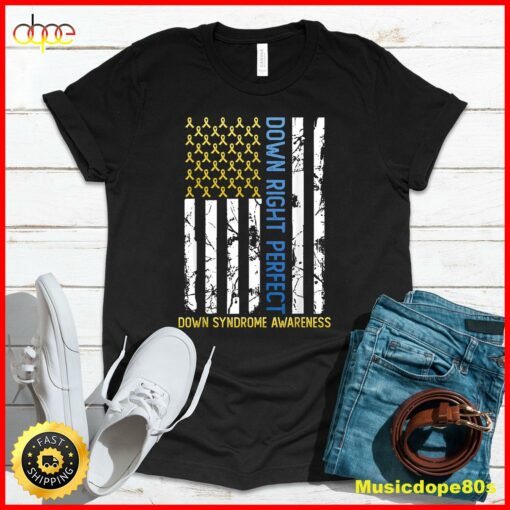 Down Right Perfect Yellow &amp Blue American Flag Down Syndrome T-Shirt