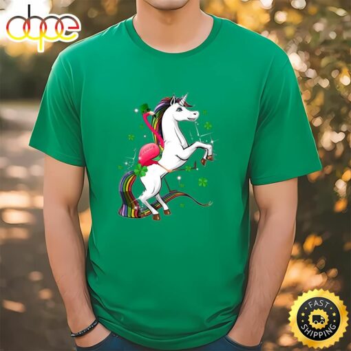 Flamingo Riding Unicorn St Patricks Day Irish T-Shirt