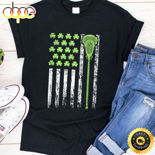 Funny Lacrosse American Flag St Patrick Day For Men Boy Kids T-Shirt