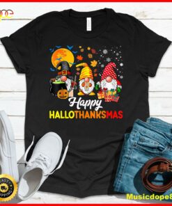 Happy HalloThanksMas Gnomes Halloween Thanksgiving Christmas T-Shirt
