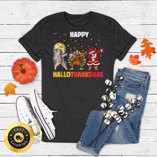 Happy Hallothanksmas Dabbing Unicorn Turkey Santa Claus 2022 T-Shirt