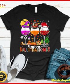 Happy Hallothanksmas Wine Glasses Witch Santa Hat Pumpkin T-Shirt