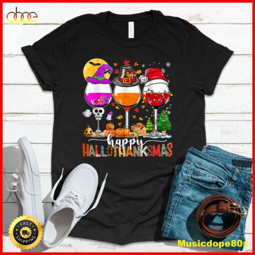 Happy Hallothanksmas Wine Glasses Witch Santa Hat Pumpkin T-Shirt