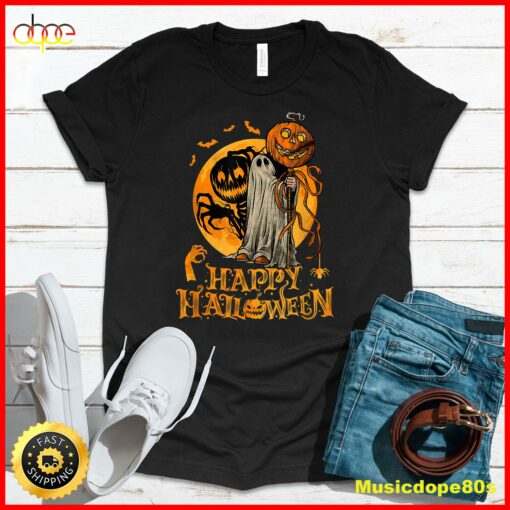 Happy Halloween Pumpkin Ghost Autumn Leaves Graphic Art T-Shirt