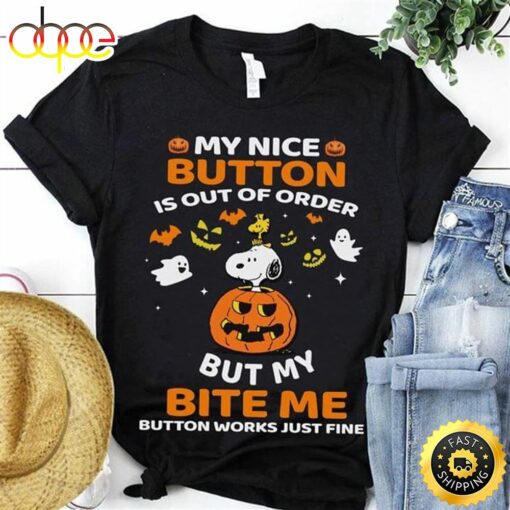 Happy Halloween Snoopy Disney My Nice Button Is Out Of Order Funny Black T Shirt