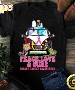 Hippie Bus Snoopy And Charlie Brown Peace Love And Cure Breast Cancer Awareness Black T Shirt