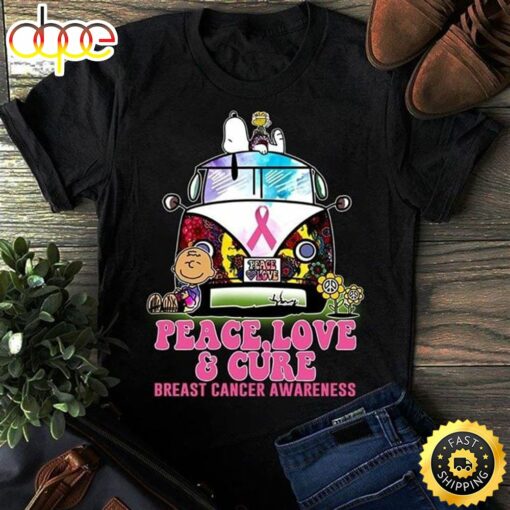 Hippie Bus Snoopy And Charlie Brown Peace Love And Cure Breast Cancer Awareness Black T Shirt