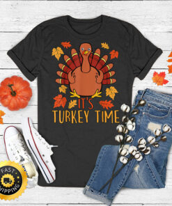 It’s Turkey Time Thanksgiving Shirt for Women Falling Leaf T-Shirt