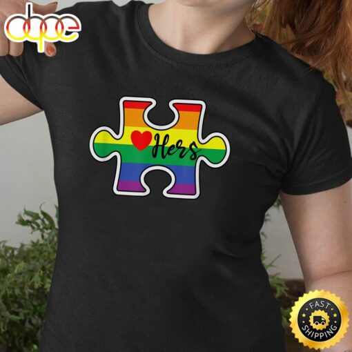 LGBT Pride Couple Valentine Lesbian Hers Rainbow Puzzle Gay Valentines Day T-shirt