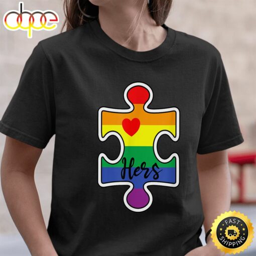 LGBT Pride Couple Valentine Lesbian Hers Rainbow Puzzle Valentines Day T-shirt