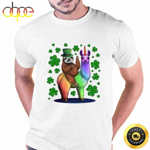 Leprechaun Sloth Riding Llama Unicorn St Patricks Day T-Shirt