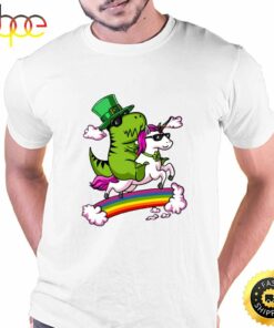 Leprechaun T-Rex Dinosaur Riding Unicorn St Patricks Day Irish T-Shirt