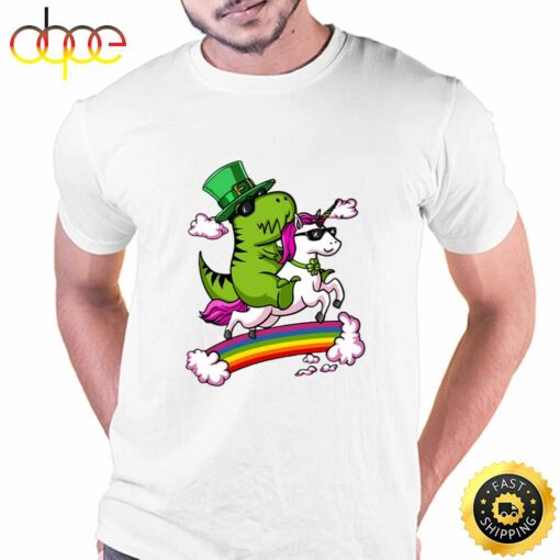 Leprechaun T-Rex Dinosaur Riding Unicorn St Patricks Day Irish T-Shirt