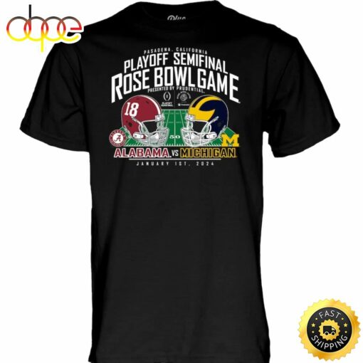 Men’s Blue 84 Black Michigan Wolverines Vs. Alabama Crimson Tide College Football Playoff 2024 Rose Bowl Matchup T-Shirt