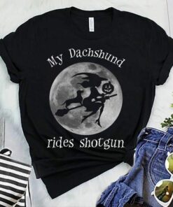 My Dachshund Rides Shotgun Halloween Witch Tshirt