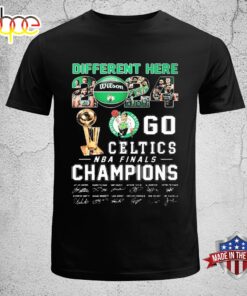 Official Boston Celtics Different Here 2024 Go Celtics NBA Finals Champions Signatures Unisex T-Shirt
