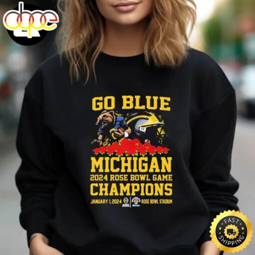 Official Go Blue Michigan Wolverines 2024 Rose Bowl Game Champions Mascot Helmet Unisex T-Shirt