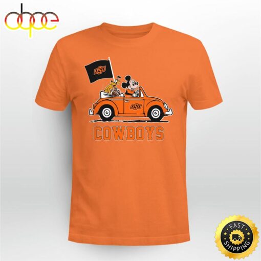 Oklahoma State Cowboys Pluto and Mickey Mouse Driving in a Car Shirt Mickey Mouse 100 Year Anniversary Shirt