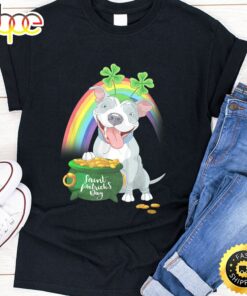 Pitbull Dog Irish Leprechaun Rainbow Saint St Patrick Day T-Shirt