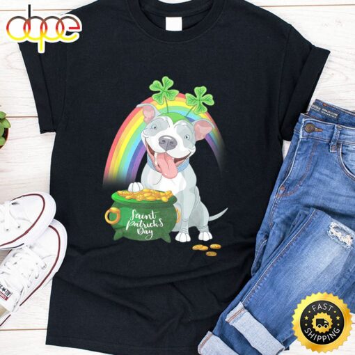 Pitbull Dog Irish Leprechaun Rainbow Saint St Patrick Day T-Shirt