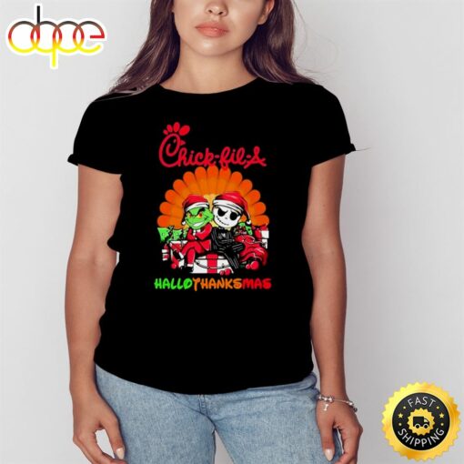 Santa Grinch And Jack Skellington Chick Fil A Happy Hallothanksmas 2023 Shirt