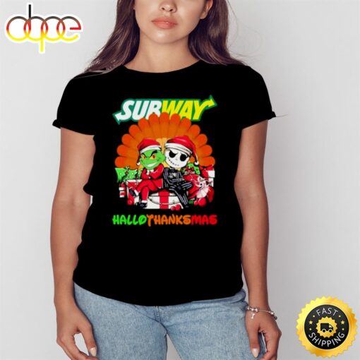 Santa Grinch And Jack Skellington Subway Happy Hallothanksmas 2023 Shirt