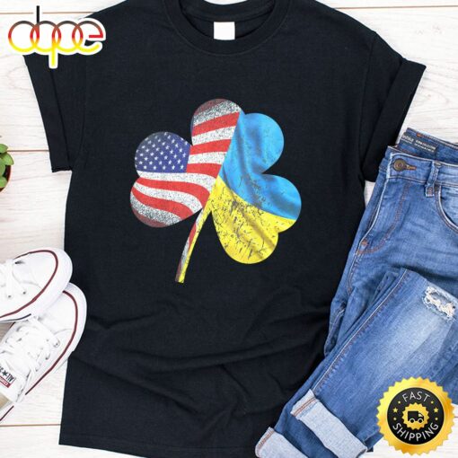 Shamrock American Flag With Ukraine Flag St. Patrick Day T-Shirt