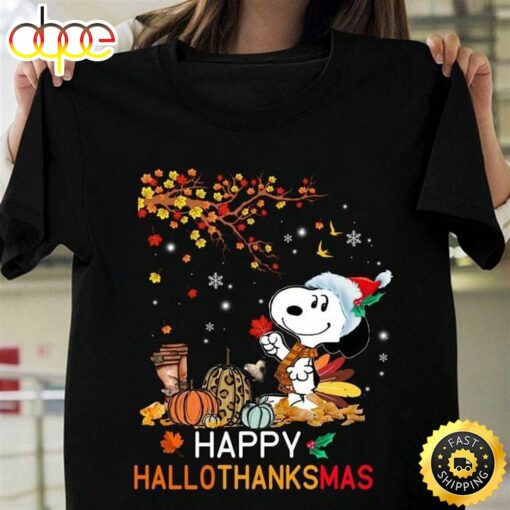 Snoopy Autumn Happy Hallothanksmas Perfect Gift For Holiday Black T Shirt