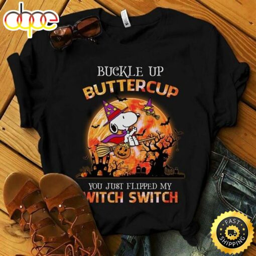 Snoopy Witch Buckle Up Butter Cup Happy Halloween Gift Black T Shirt