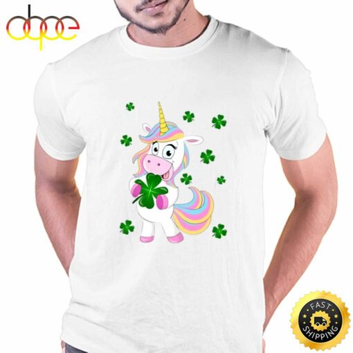 St Patrick’s Day Lucky Unicorn Holding a Four Leaf Clover T-Shirt