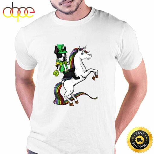 St Patricks Day Boston Terrier Dog Riding Unicorn T-Shirt