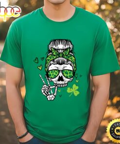 St Patricks Day Skull Messy Bun Saint Pattys Paddys T-Shirt