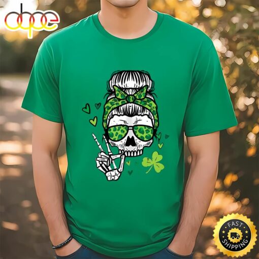 St Patricks Day Skull Messy Bun Saint Pattys Paddys T-Shirt