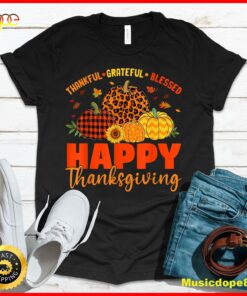 Thankful Grateful Blessed Leopard Plaid Pumpkin Thanksgiving T-Shirt