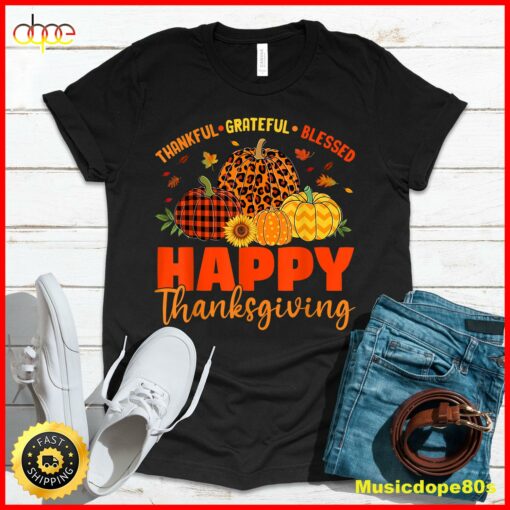 Thankful Grateful Blessed Leopard Plaid Pumpkin Thanksgiving T-Shirt