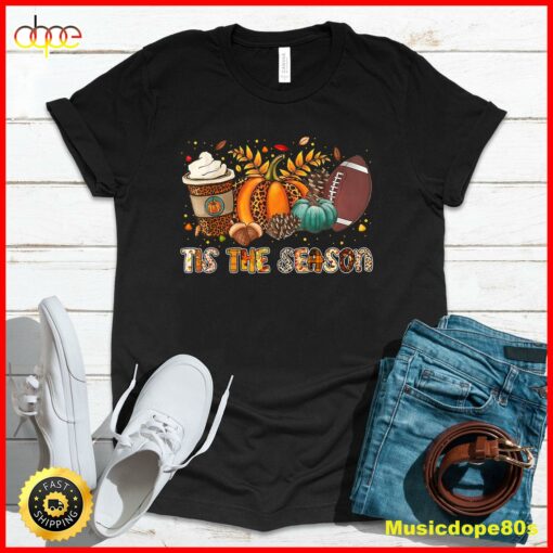 Tis’ The Season Leopard Pumpkin Football Halloween Fall T-Shirt