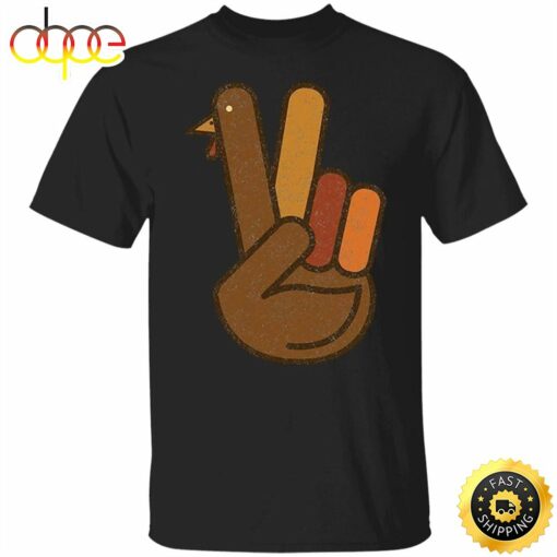 Turkey Peace Sign Hand T-Shirt Thanksgiving V Sign Hand Basic Graphic Tees Gifts For Friends