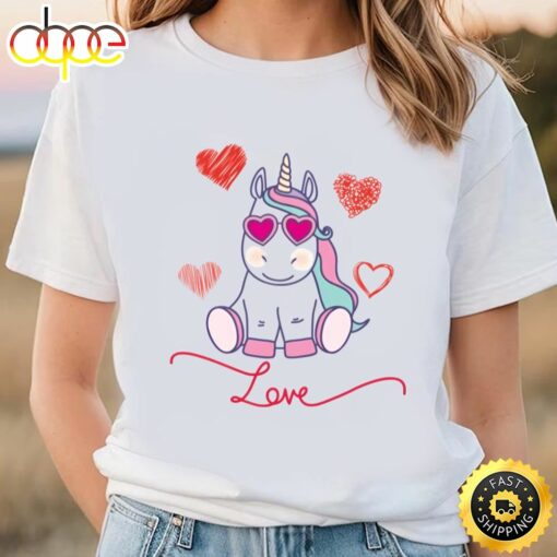 Unicorn Love Hearts Sweet Valentines Lovers Gift T-Shirt