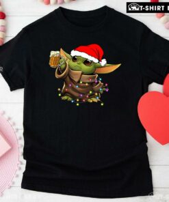 Baby Yoda With Santa Hat Drinking Beer for Christmas T-Shirt